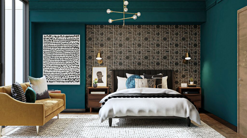 A cozy bedroom with a king-size bed, a wooden headboard, and a blue and white patterned duvet cover. This is a great example of a home design trend for 2023.