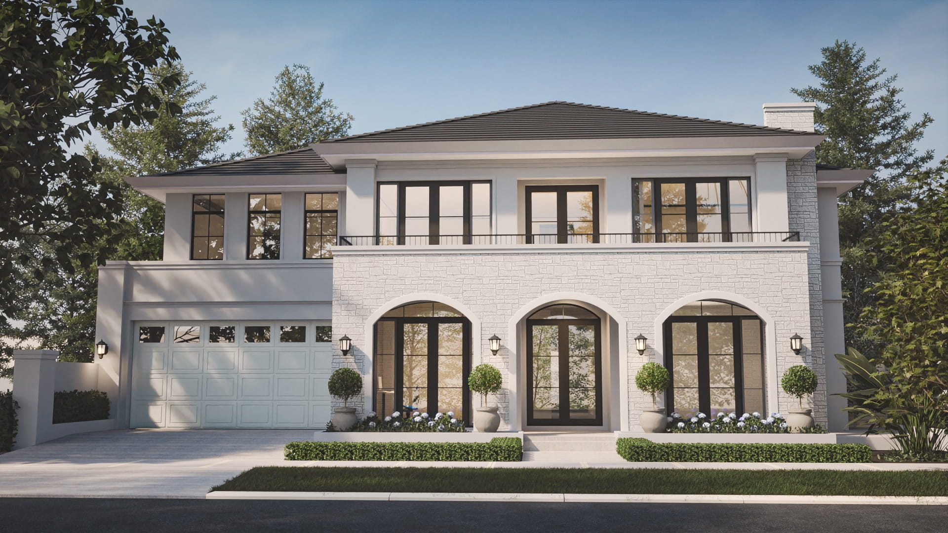 Modern Classical two-story home with a symmetrical white brick facade, elegant arched doorways, and a top balcony.