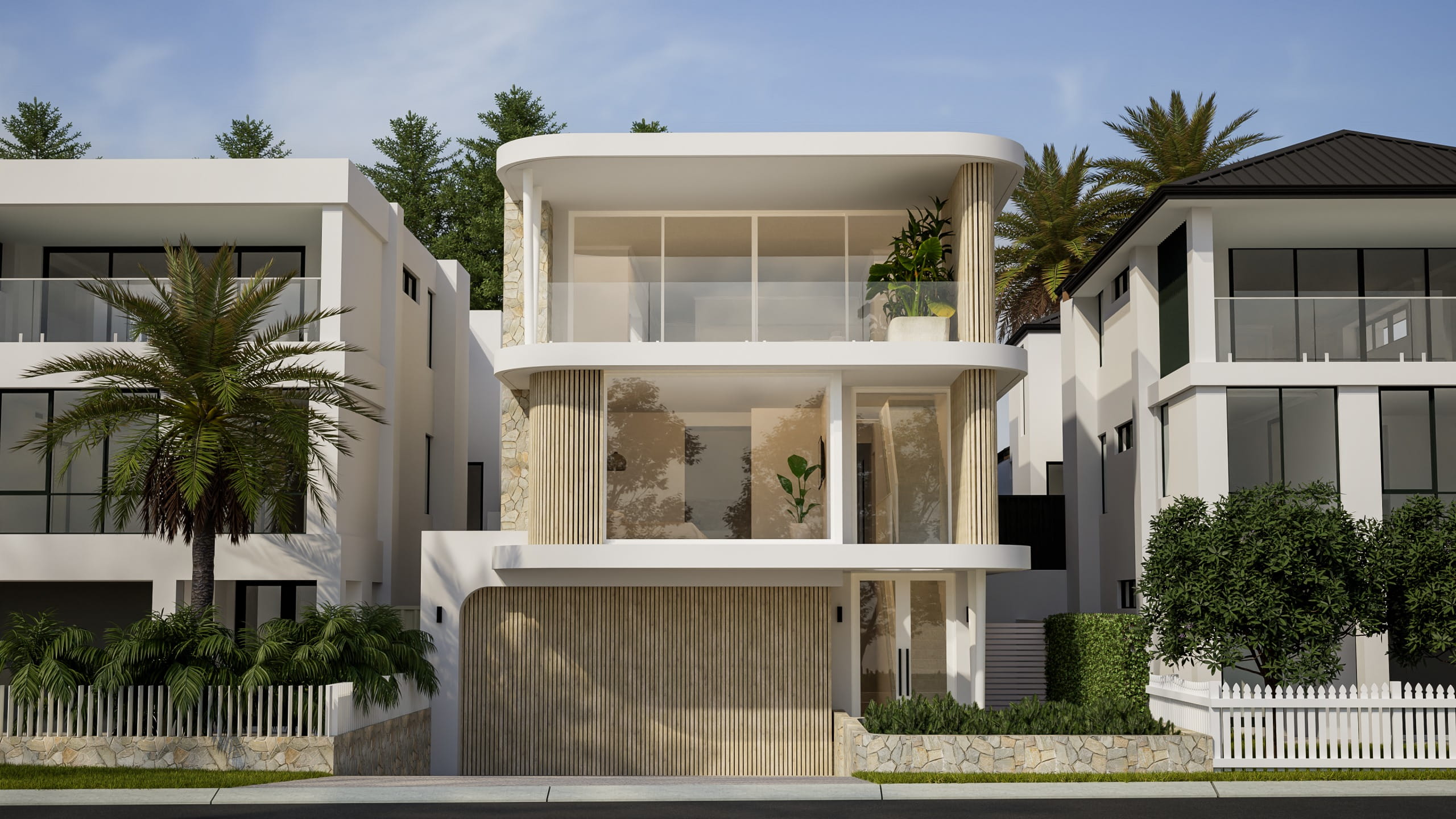 Modern Coastal three-story home featuring soft curved white balconies, vertical timber cladding, and full-height glazing