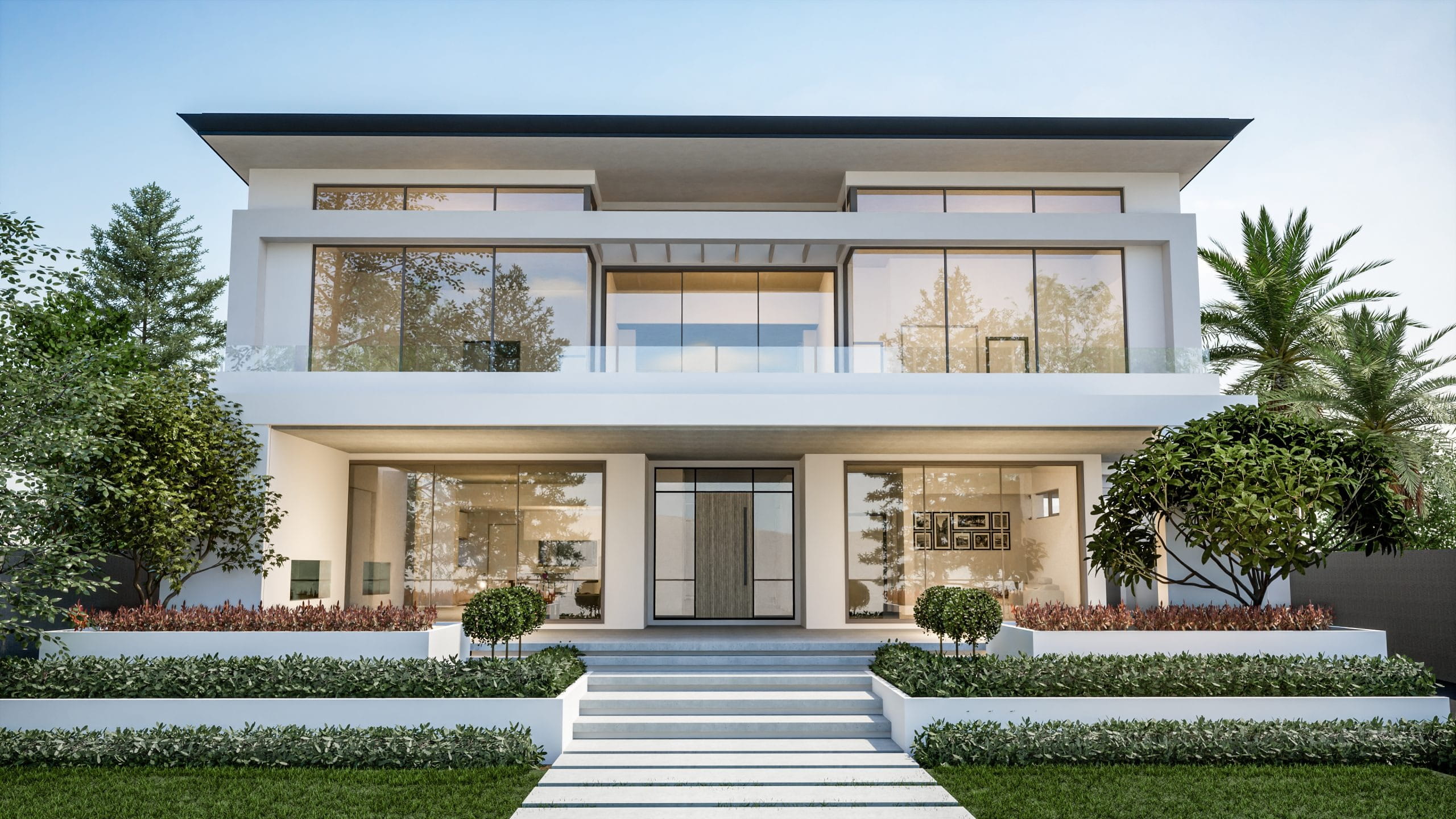 Japandi-style two-story home with a linear elevation, clean sightlines, extensive glass windows, and calm proportions.